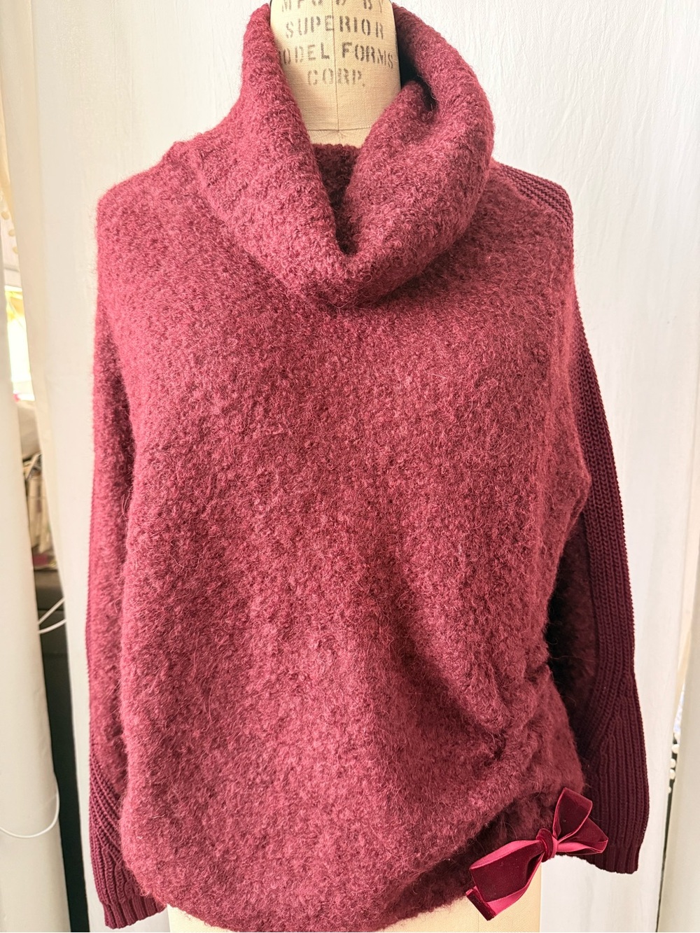 Wrap London, Fluffy Boucle Cowl Neck with Side Shirred Velvet Bow Sweater